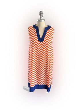 Mud Pie Bag Lady Sleeveless Blue Orange Chevron Game-day Tailgate Dress. Size S